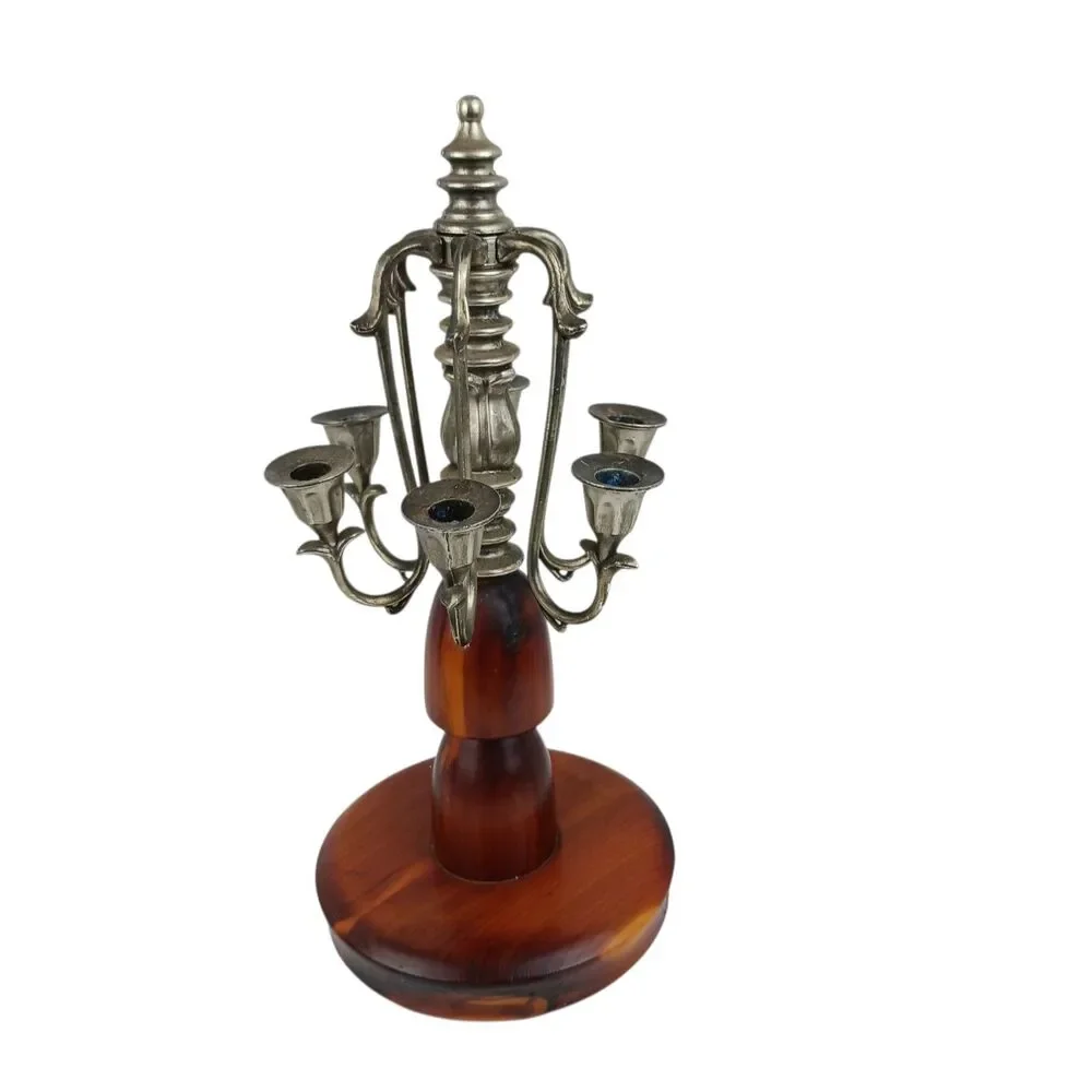 Vtg 6 Arm Wood and Silver Plated Table Candelabra Danish Modern MCM
